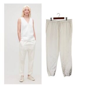 COS Relaxed Cotton Linen Trousers Cream Elastic Waist Cropped Womens 12 L